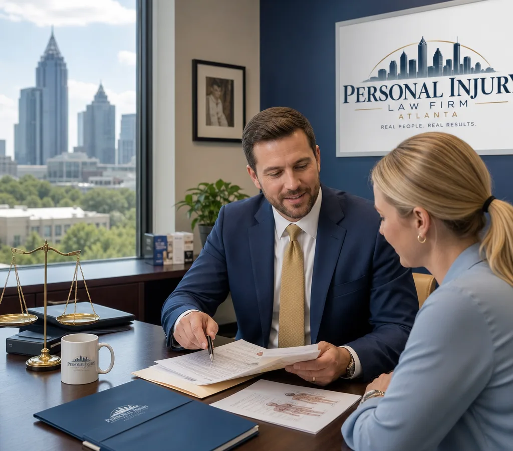 Atlanta personal injury attorney reviewing medical paperwork and a case file with a client