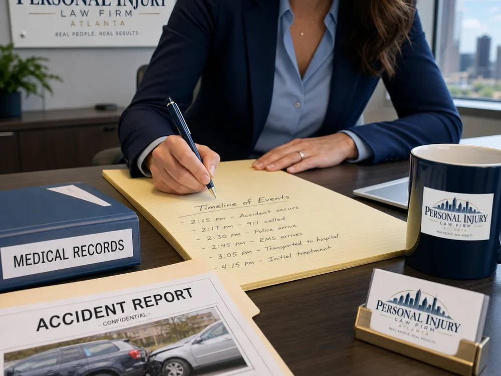 Organized medical records, accident report, and injury claim timeline on a desk