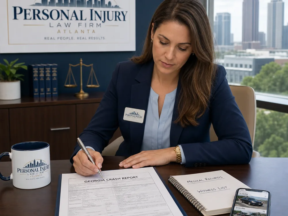 Georgia crash report, medical-record notes, witness list, and timestamped accident photos arranged on a lawyer's desk