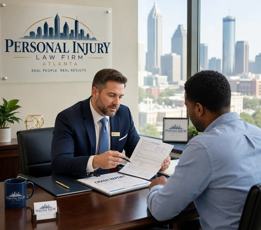 Atlanta attorney reviewing a crash report and medical paperwork with a client
