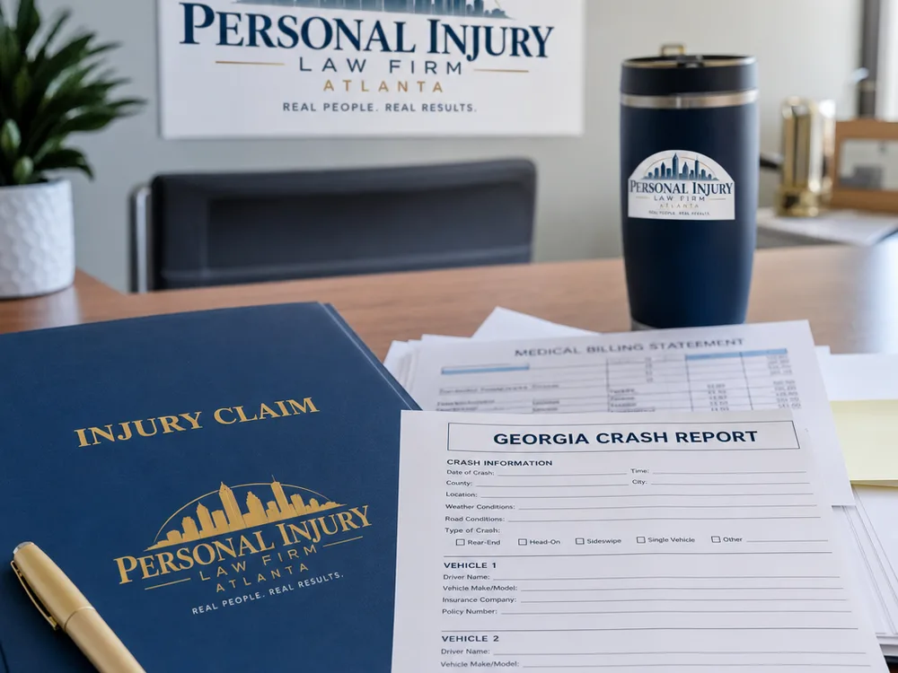 Georgia crash report, injury claim folder, pen, and medical billing statements on a desk