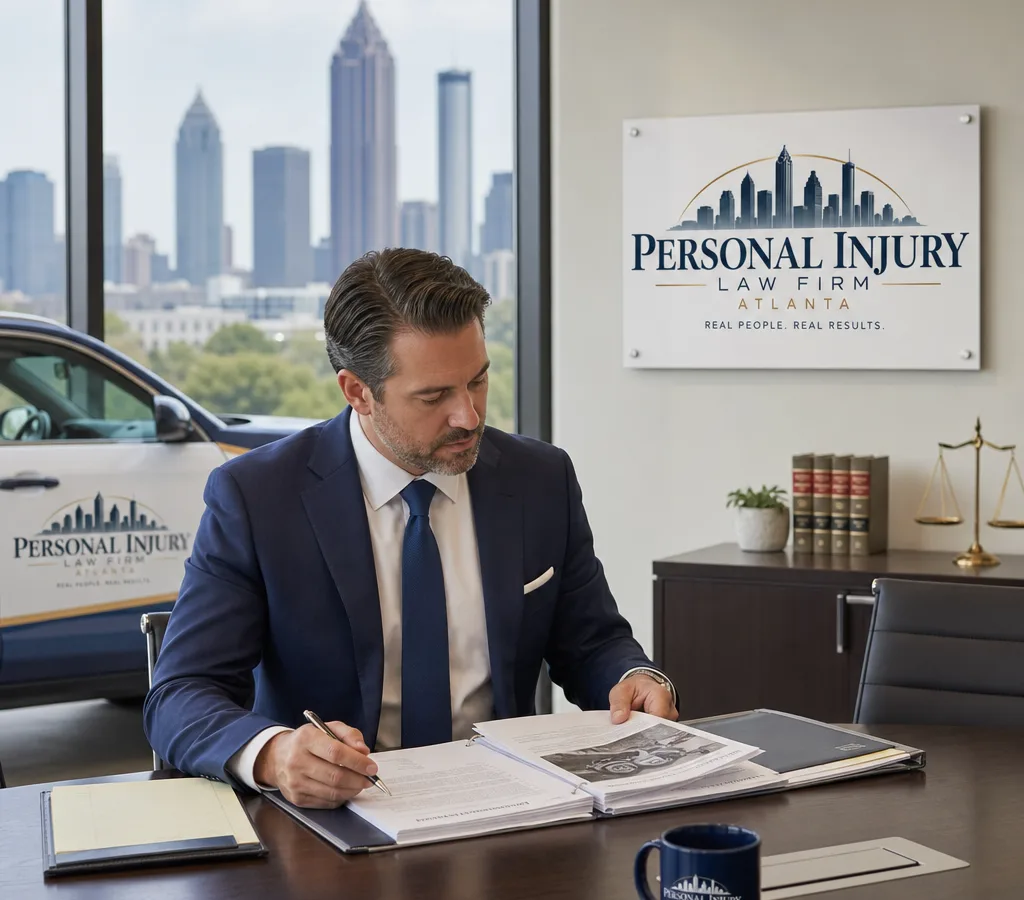 Atlanta accident attorney reviewing crash documents and notes at a conference table