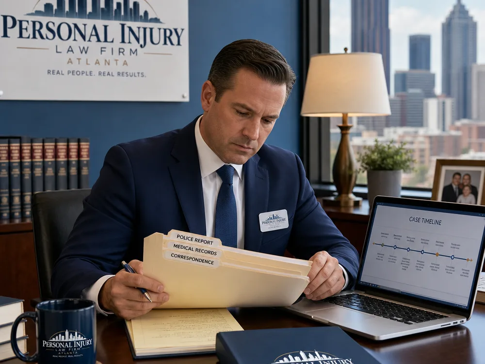 Attorney reviewing an organized wrongful death case file and evidence timeline