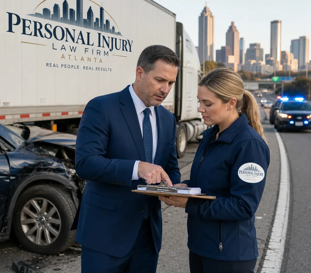 Atlanta tractor-trailer collision scene where a lawyer and investigator review a crash report near the vehicles