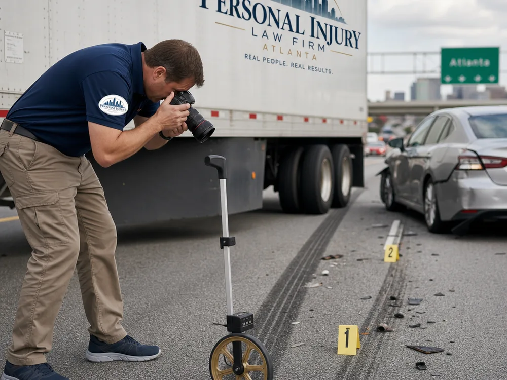 Investigator photographing skid marks and debris near a tractor-trailer and passenger vehicle on an Atlanta-area roadway