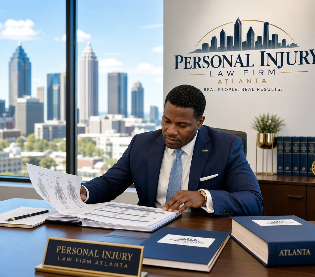 Attorney reviewing medical records and a treatment timeline in an Atlanta office