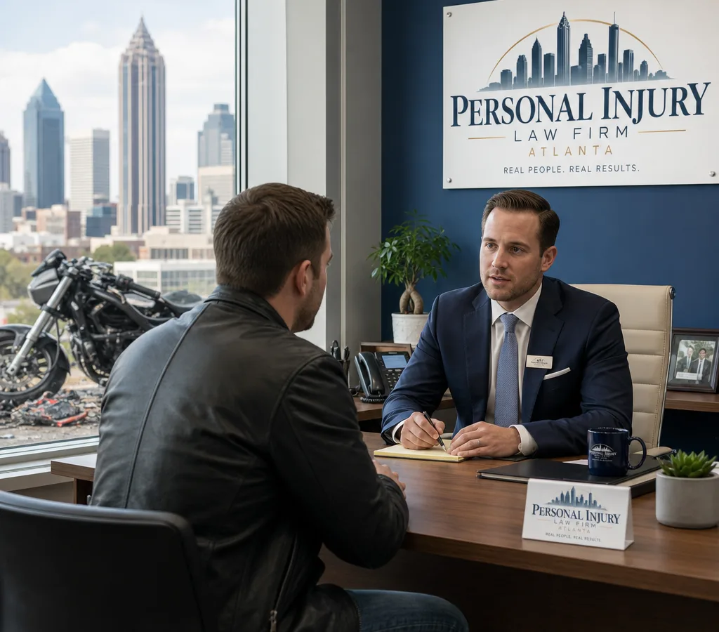 Atlanta motorcycle crash aftermath and an attorney meeting calmly with an injured rider