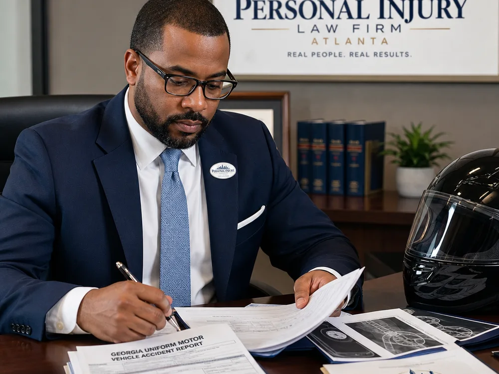 Lawyer reviewing a Georgia crash report and medical records beside a motorcycle helmet