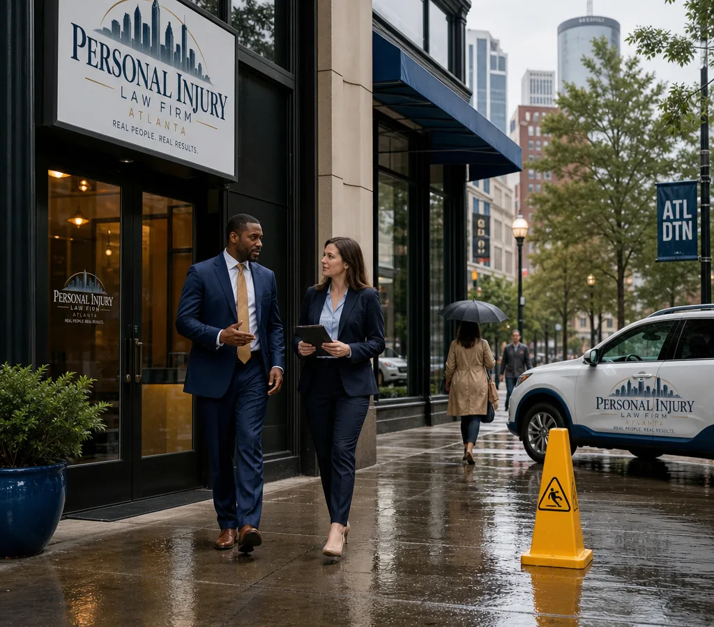Wet Atlanta storefront entrance and sidewalk with a visible warning cone after rain