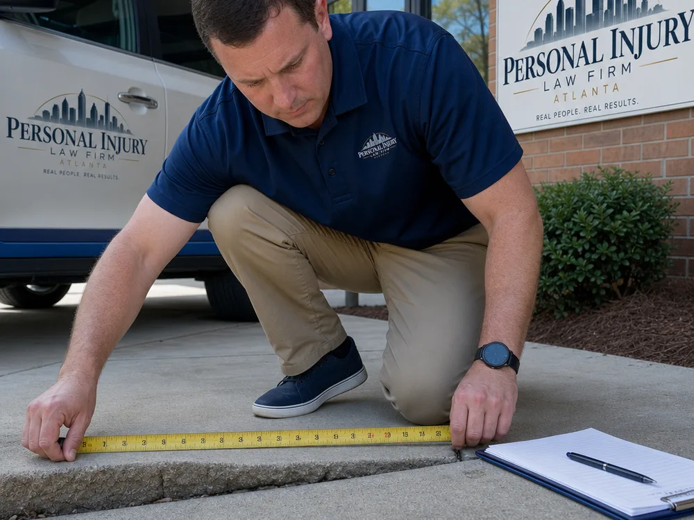 Uneven commercial sidewalk measured with a tape and documented in a notepad