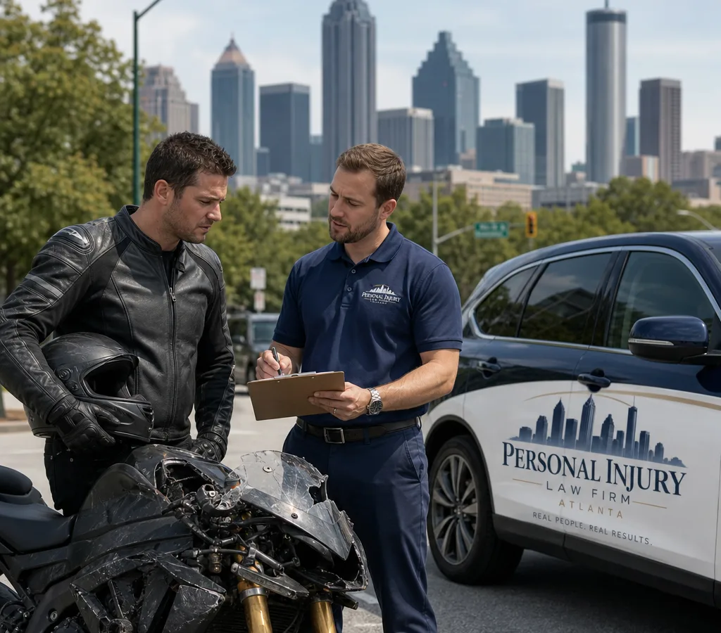 Atlanta motorcycle rider in protective gear beside a damaged bike while an attorney reviews a crash report