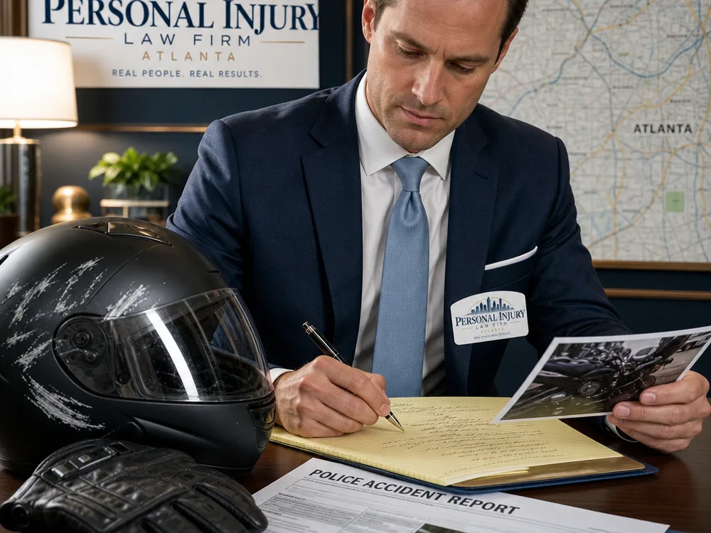 Motorcycle helmet, gloves, police accident report, attorney notes, and an Atlanta city map arranged for evidence review