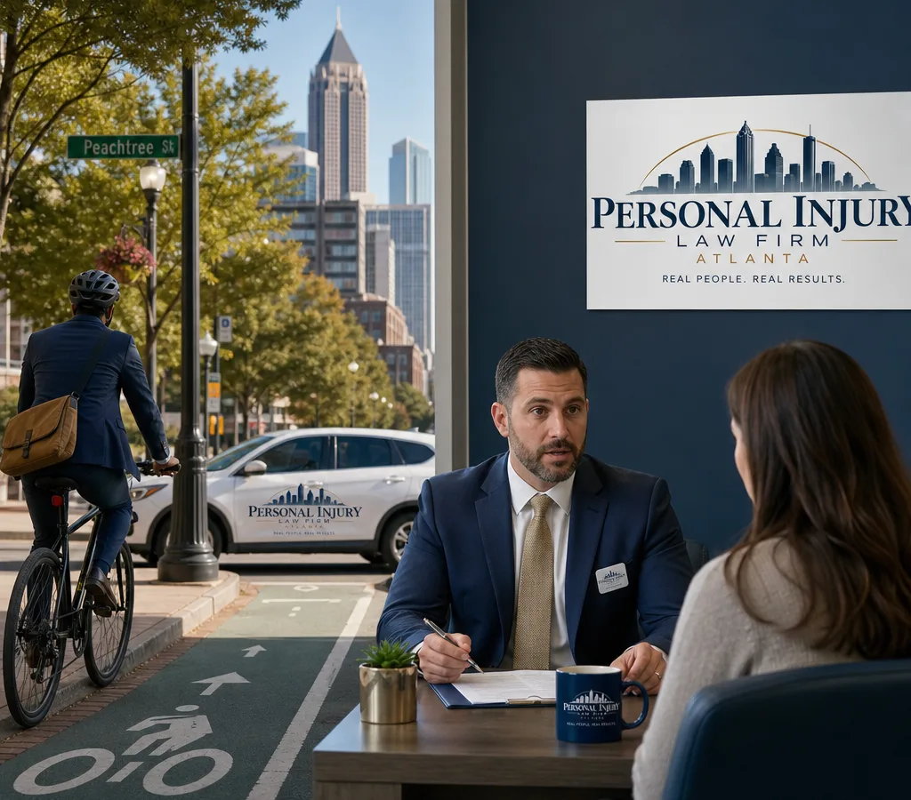 Cyclist riding in an Atlanta bike lane near a professional law office setting