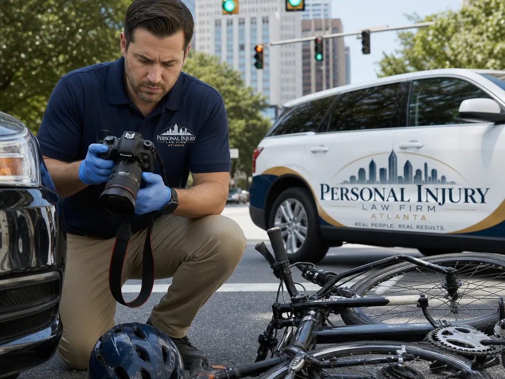 Investigator photographing a damaged bicycle and helmet near an Atlanta intersection