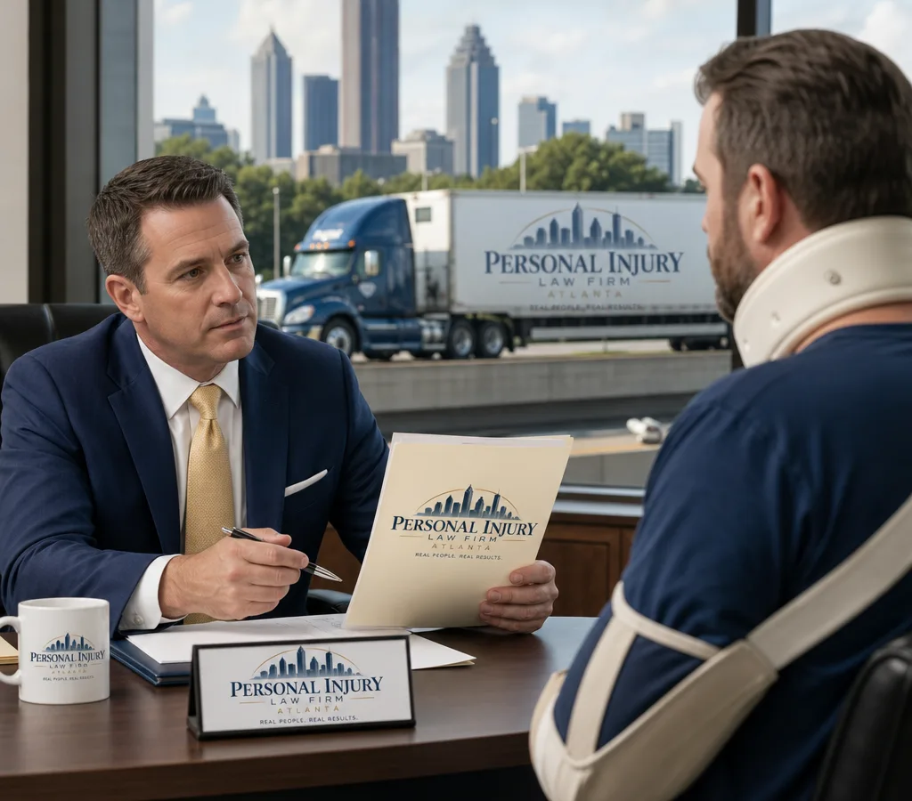 Attorney reviewing a semi truck accident case with a seriously injured client near an Atlanta roadway