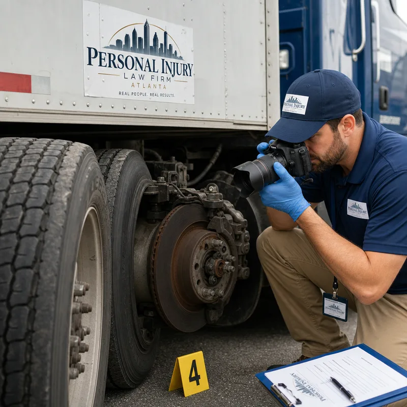 Investigator photographing truck tire tread and brake components beside a tractor-trailer wheel assembly