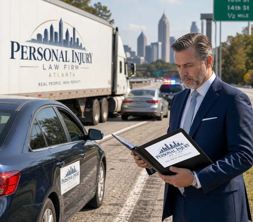 Tractor-trailer and passenger vehicles stopped on an Atlanta-area interstate shoulder as a legal professional reviews a case file