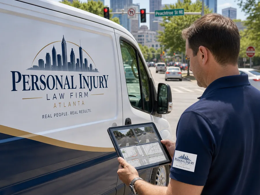 Attorney near an Atlanta roadway reviewing intersection photographs and a crash diagram on a tablet